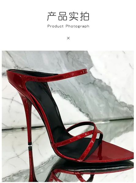 Design Strappy Patent Leather Stiletto Heels Black - 4