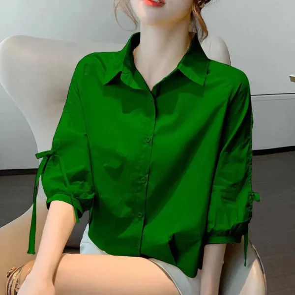 Design Bow-Sleeve Button-Up Shirt White Tops Shirt - 13