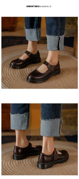 Design Mary Jane Shoes Brown Leather with Buckle Strap - 13