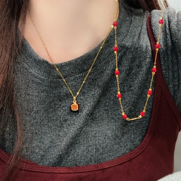 Design Pomegranate Charm Necklace Gold Tone Red Enamel Jewelry - 4