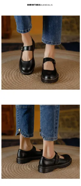 Design Mary Jane Shoes Brown Leather with Buckle Strap - 19