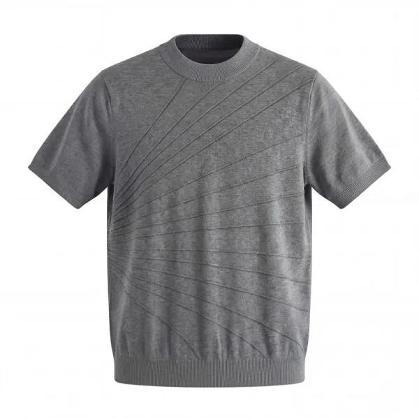Design Short-Sleeve Knit Sweater in Light Gray with Diagonal Ribbed Texture - 11