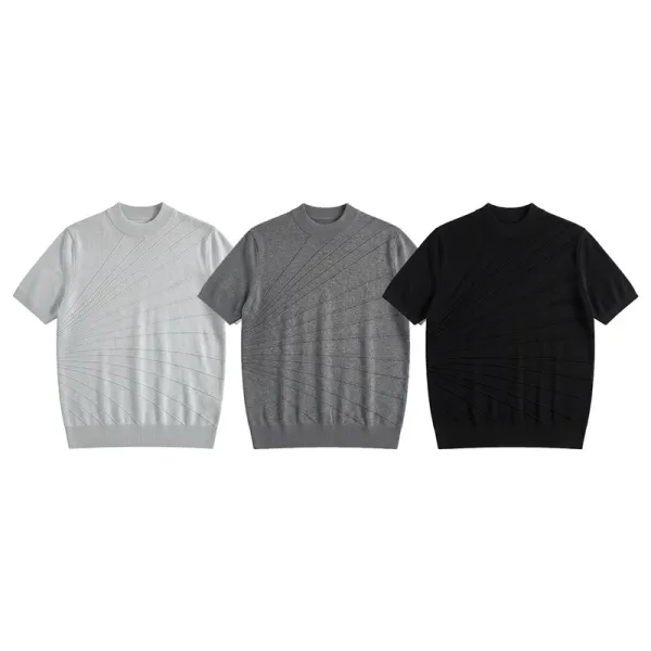 Design Short-Sleeve Knit Sweater in Light Gray with Diagonal Ribbed Texture - 3