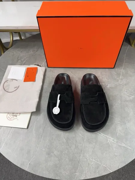 Hermès Oran Suede Loafers Black Slippers - 1