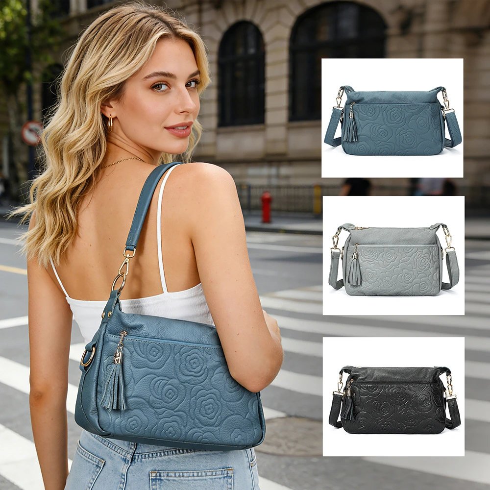 跨境压花设计头层牛皮斜挎包时尚百搭女士单肩包shoulder bag