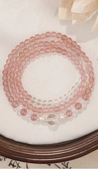 Design Pink Strawberry Quartz Beaded Bracelet Set Jewelry - 14