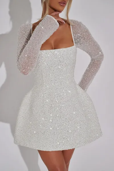 Design Sparkle Mini Dress with Sheer Long Sleeves White Dress - 4