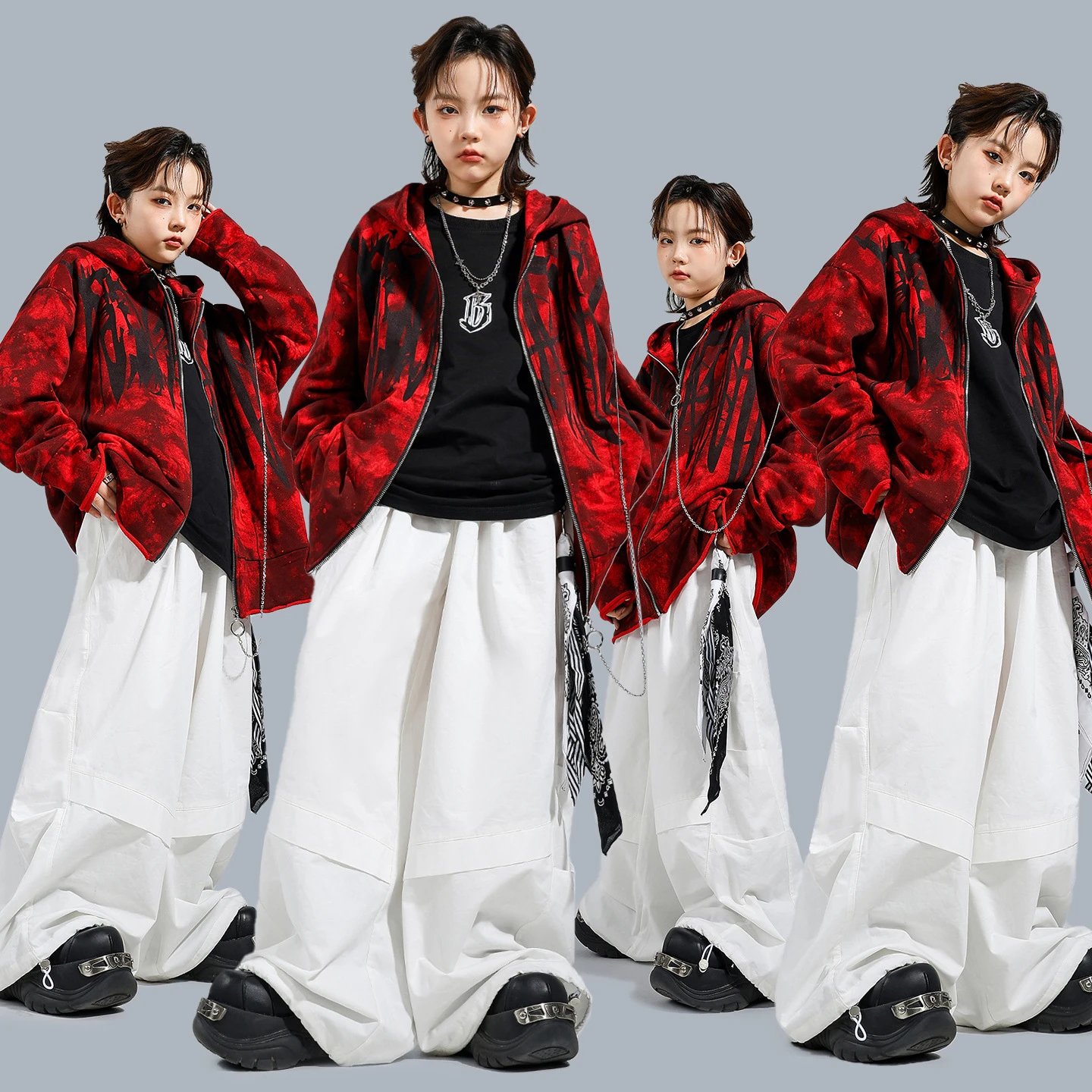 儿童街舞潮服嘻哈演出服男童hiphop宽松套装少儿红色连帽卫衣服装