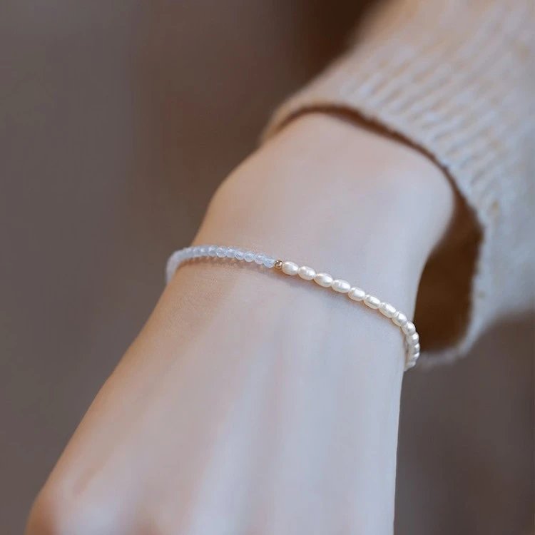 Pearl And Crystal Beaded Bracelet Light Blue Delicate Jewelry