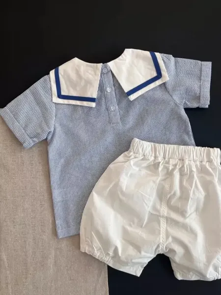 Design Navy Stripe Sailor Collar Top and White Bloomers Set Sets - 4