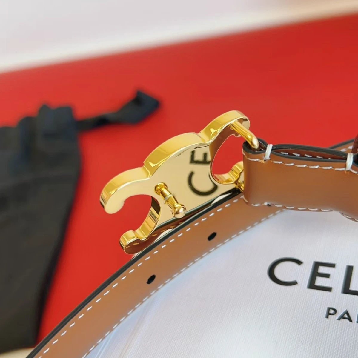 Celine Triomphe Belt Tan Leather Gold-Tone Hardware