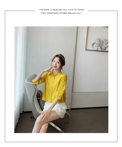 Design Bow-Sleeve Button-Up Shirt White Tops Shirt - 32