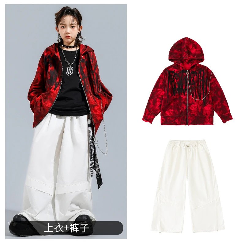 D84黑红涂鸦帽衫外套+k25白色长裤