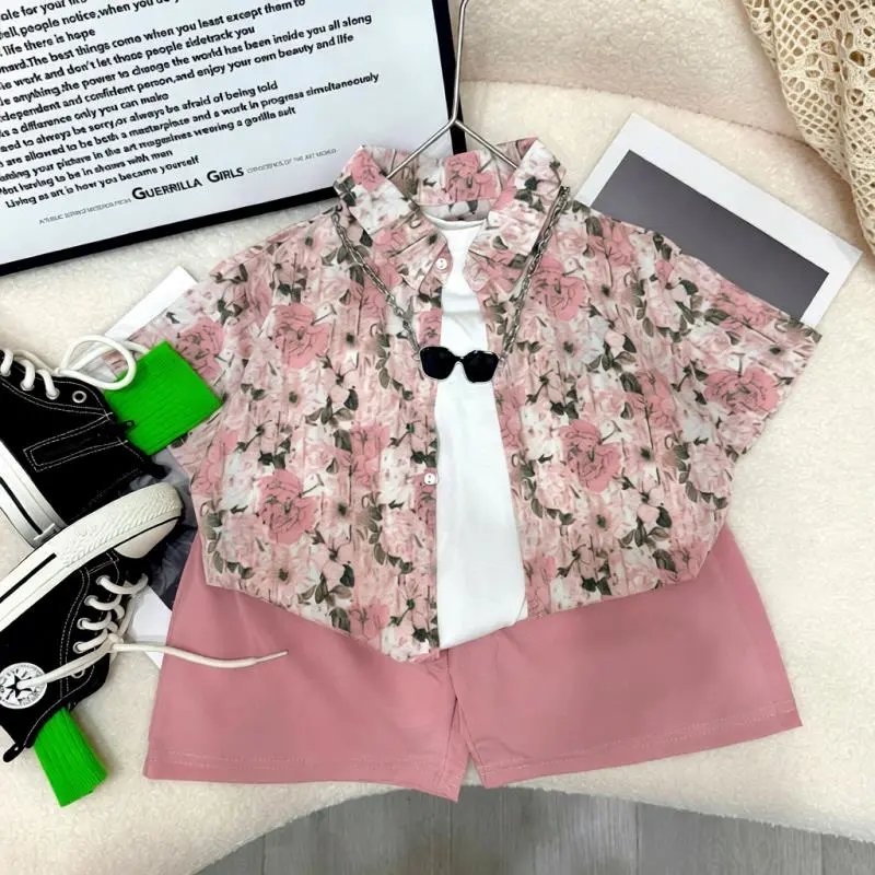 Design LSTAR Studio Floral Print Shirt and Pink Logo Shorts Set Sets - 5