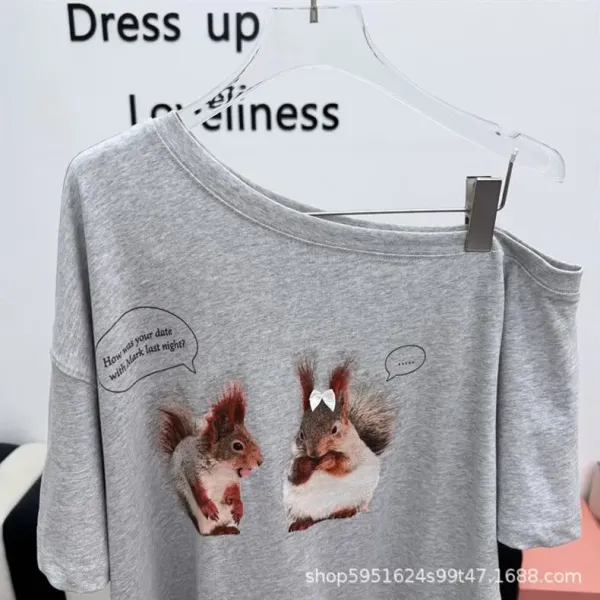 Design Squirrel Print Off-Shoulder T-Shirt Gray - 5
