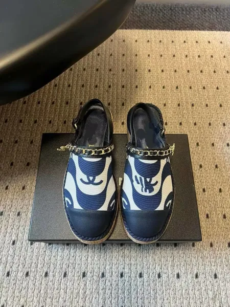 Chanel Mary Jane Espadrilles Navy and White Print Canvas Shoes Casual Shoes - 1