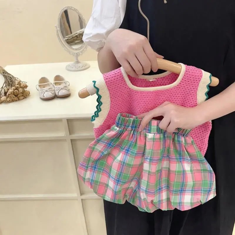 Design Knit Sleeveless Top with Plaid Bloomers Set Pink Green Multicolor
