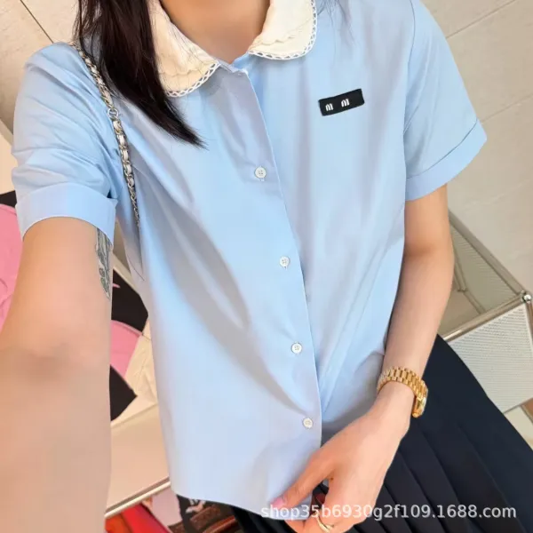 Design Peter Pan Collar Shirt in Light Blue with Lace Trim - 5