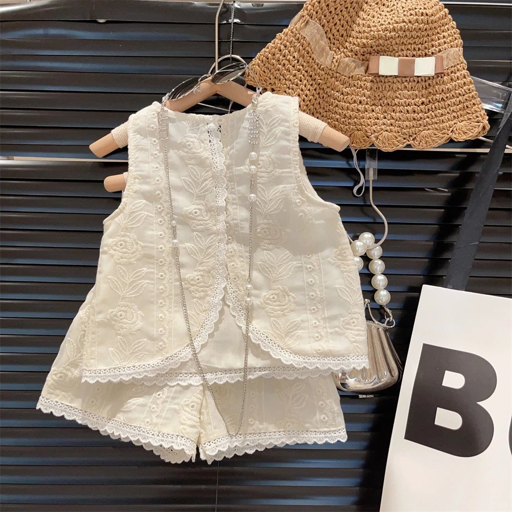 Design White Eyelet Lace Embroidery Two-Piece Set Shorts and Top Sets - 18