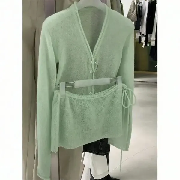 Design Knit V-Neck Cardigan with Peplum Hem in Mint Green Outerwear.cardigan - 2