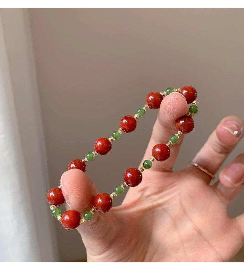 Design Green Jade Bead Bracelet with Red Agate Center Stone Jewelry - 6