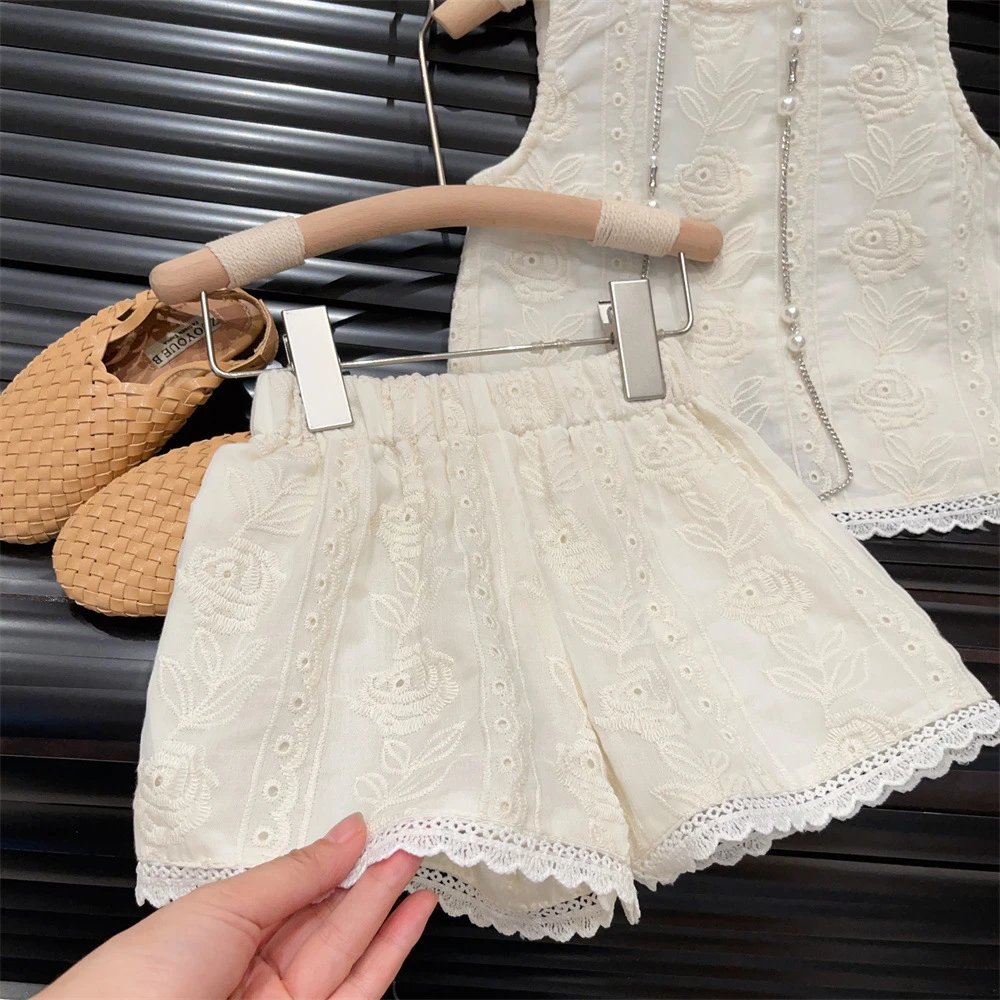 Design White Eyelet Lace Embroidery Two-Piece Set Shorts and Top Sets - 21