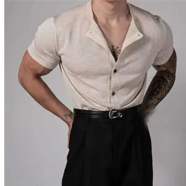 Design Short-Sleeve Knit Button-Up Beige Sweater Tops.sweater - 8