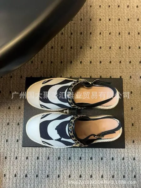 Chanel Mary Jane Espadrilles Navy and White Print Canvas Shoes Casual Shoes - 9