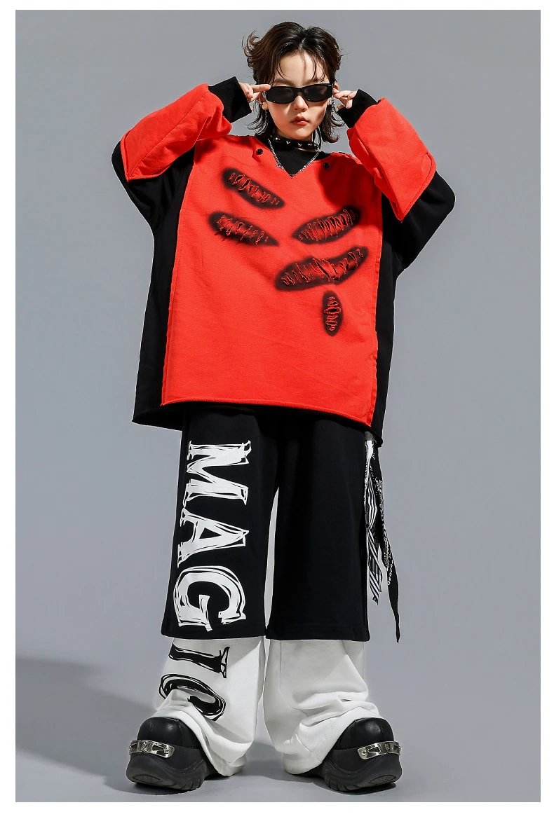Design Distressed Mouth Print Color-Block Hoodie Red / Black - 8
