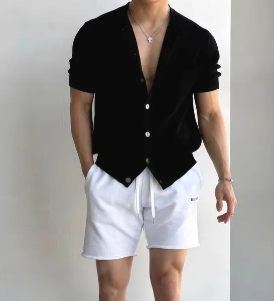 Design Short-Sleeve Knit Button-Up Beige Sweater Tops.sweater - 12