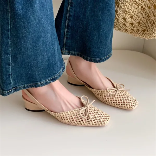 Design Woven Slingback Loafers with Bow Detail in Beige, Brown, and Black Loafers - 9