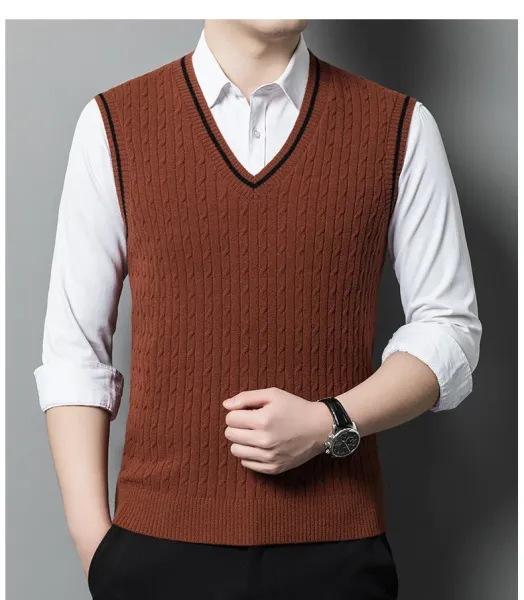 Design Cable Knit V-Neck Vest Green Vest Top - 13