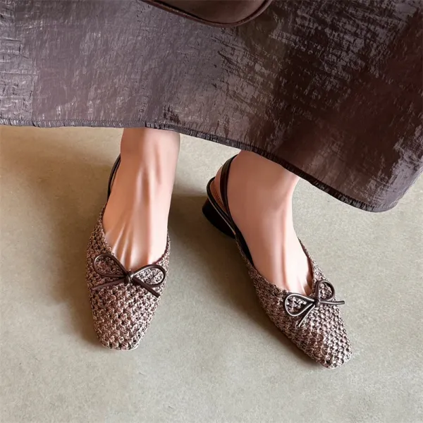 Design Woven Slingback Loafers with Bow Detail in Beige, Brown, and Black Loafers - 18