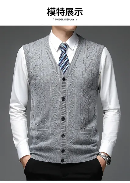 Design Cable Knit V-Neck Cardigan Vest Burgundy Outerwear - 12