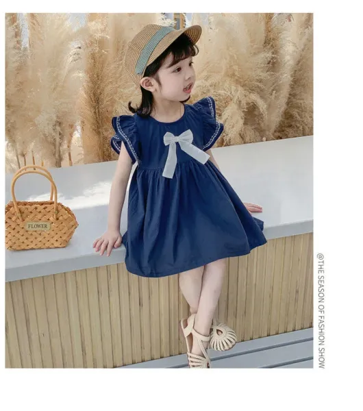 Design Bow Detail White Dress with Navy Trim Kids Dress - 15