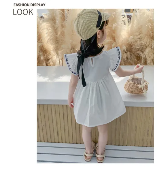 Design Bow Detail White Dress with Navy Trim Kids Dress - 19