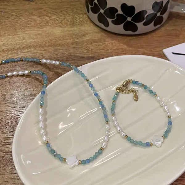 Design Pearl and Aqua Bead Bracelet with Mother-of-Pearl Charm Jewelry - 9