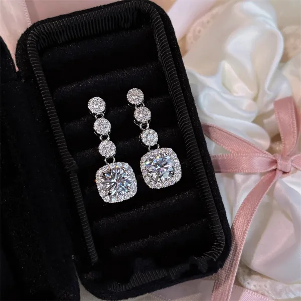 Design Cushion Cut Drop Earrings with Pave Crystals Silver Jewelry - 6