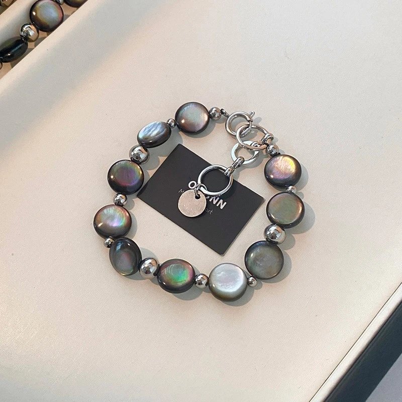 Pearl Bead Bracelet with Iridescent Gray Black Pearls and Silver