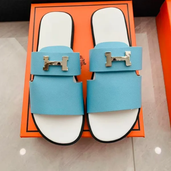 Hermès Oran Slide Sandals Bleu Ciel Epsom Leather with Palladium Hardware Slippers - 1