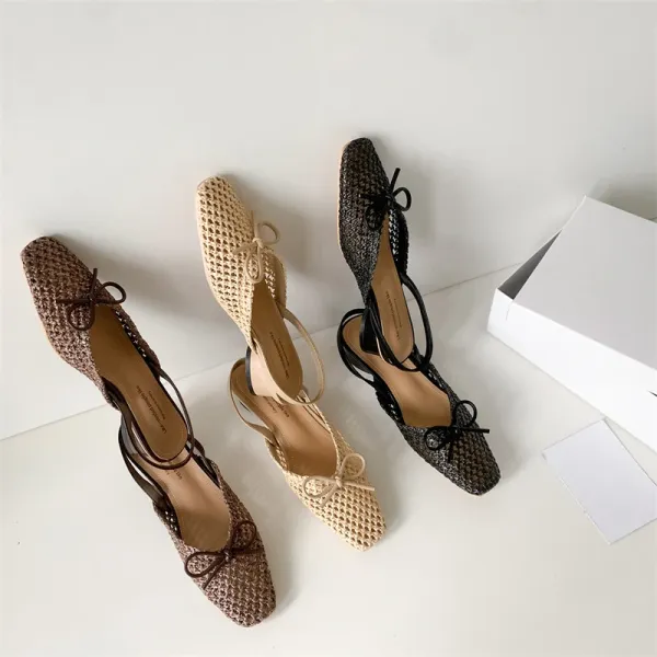 Design Woven Slingback Loafers with Bow Detail in Beige, Brown, and Black Loafers - 31