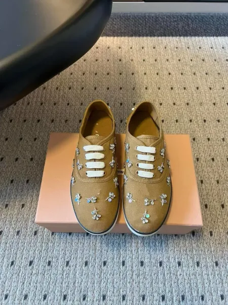 Miu Miu Embellished Canvas Sneakers Beige - 1