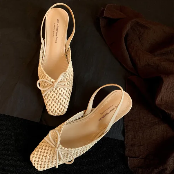 Design Woven Slingback Loafers with Bow Detail in Beige, Brown, and Black Loafers - 32
