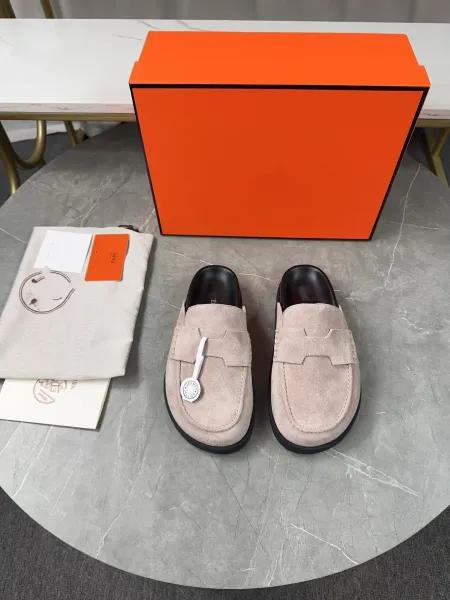 Hermès Oran Mule Suede Pink Beige Loafers - 1