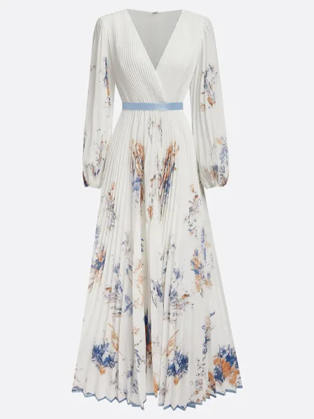 Design Floral Pleated V-Neck Maxi Dress in White with Blue and Beige Accents - 6