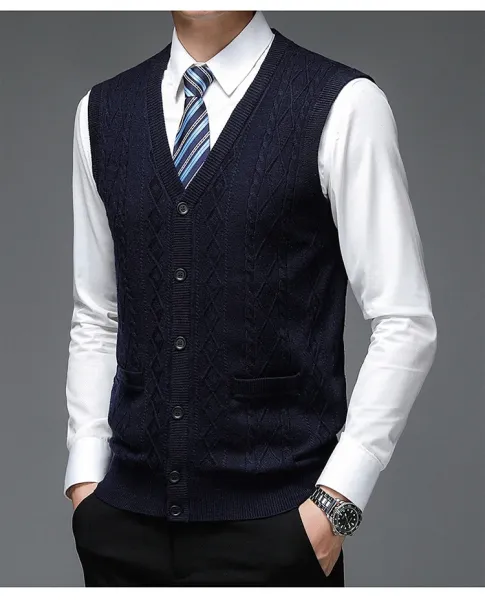 Design Cable Knit V-Neck Cardigan Vest Burgundy Outerwear - 21
