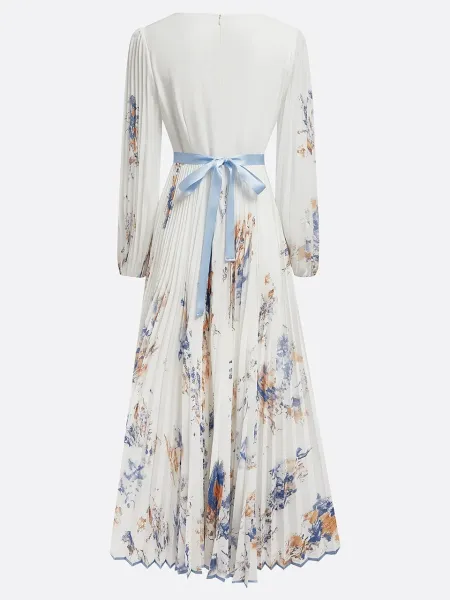 Design Floral Pleated V-Neck Maxi Dress in White with Blue and Beige Accents - 7
