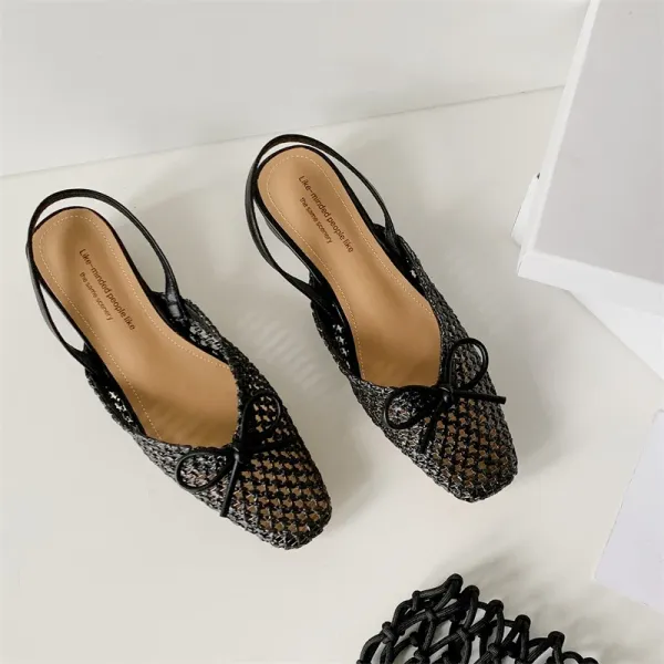 Design Woven Slingback Loafers with Bow Detail in Beige, Brown, and Black Loafers - 40