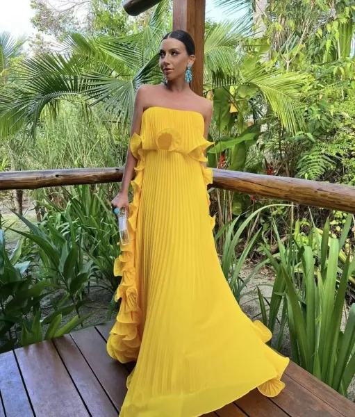 Design Yellow Pleated Ruffle Strapless Gown Dress - 13