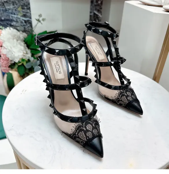 Valentino Rockstud Lace-Trimmed Strappy Stiletto Heels Black - 8